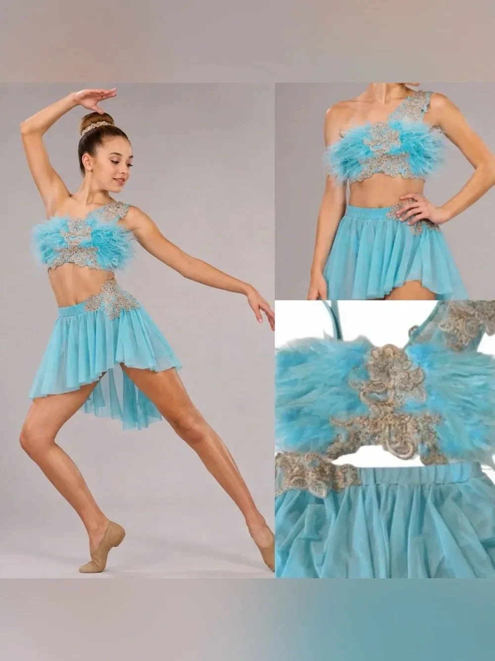 Glamour Solo Dance Costume Aqua Blue Feather jazz Broadway 2 Piece XLC Child SA